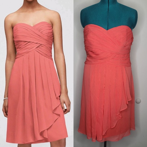 NWT Davids Bridal Sz 16 Coral Strapless Chiffon Flowy Fairy Homecoming Dress - Picture 1 of 9